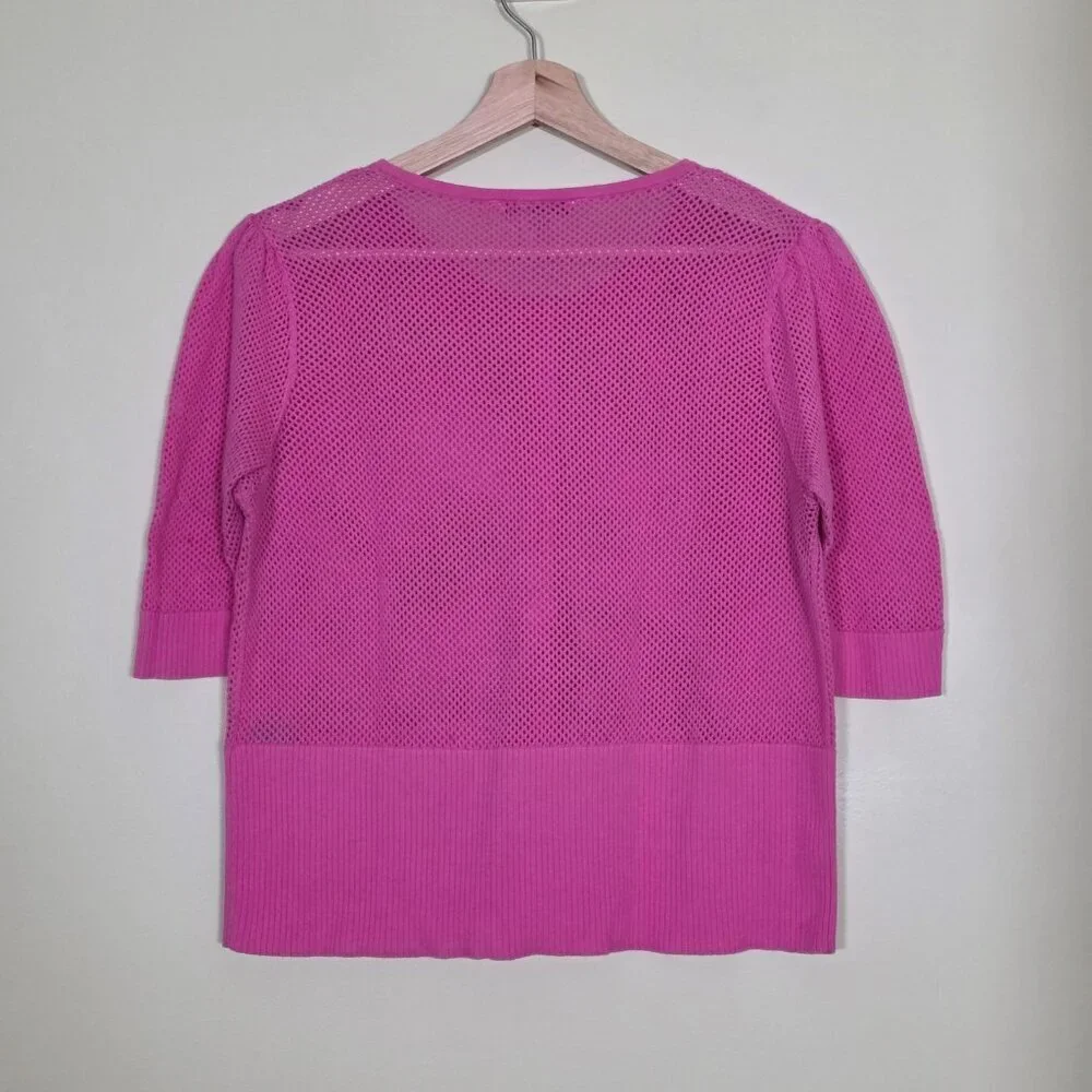 Bianca Nygard Cardigan Womens XL Hot Pink SS Button Up Round Neck Boho Open Knit